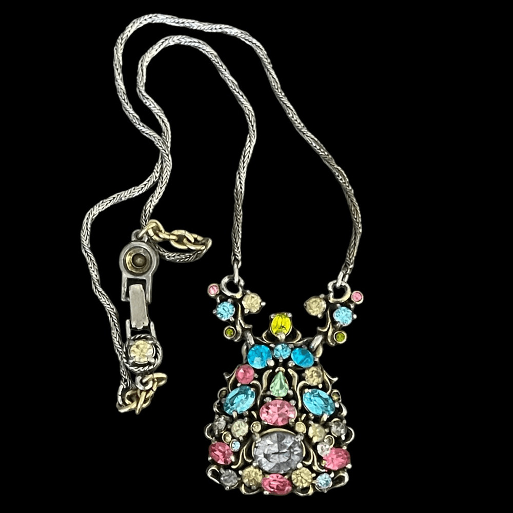 Vtg Hollycraft 1950 Fruit Salad Necklace Signed Uranium Glass Rhinestones AS IS